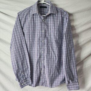 Tommy Hilfiger Mens Dress Shirt Slim Fit 15.5 34/35 Blue White Plaid 100% Cotton